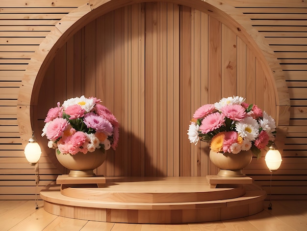 Round Wooden Podium with Lanterns and Flowers