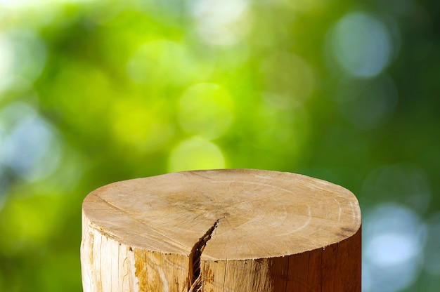 Round wooden saw cut cylinder shape for product display with green bokeh abstract background