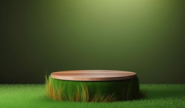 A round wooden stump with a green grass around it.