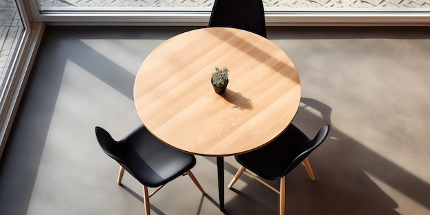 Photo round wooden table and black chair indoors top view