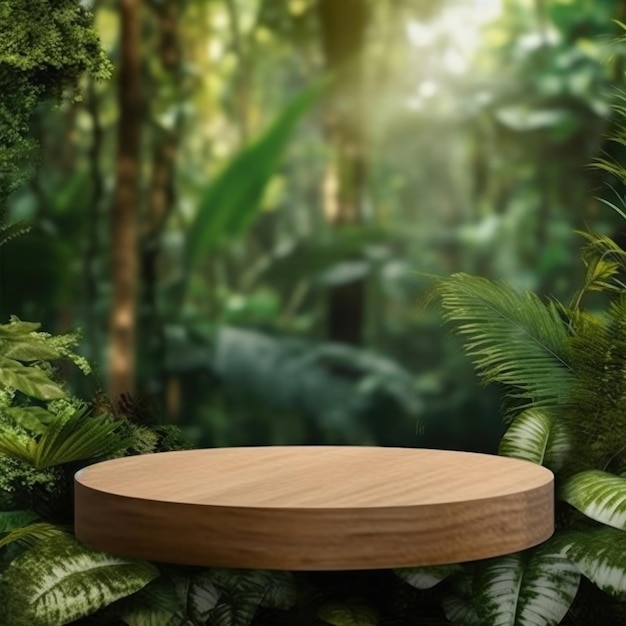 A round wooden table in a jungle with a jungle background.