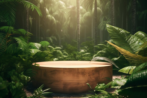 A round wooden table in the jungle with the word jungle on the top.