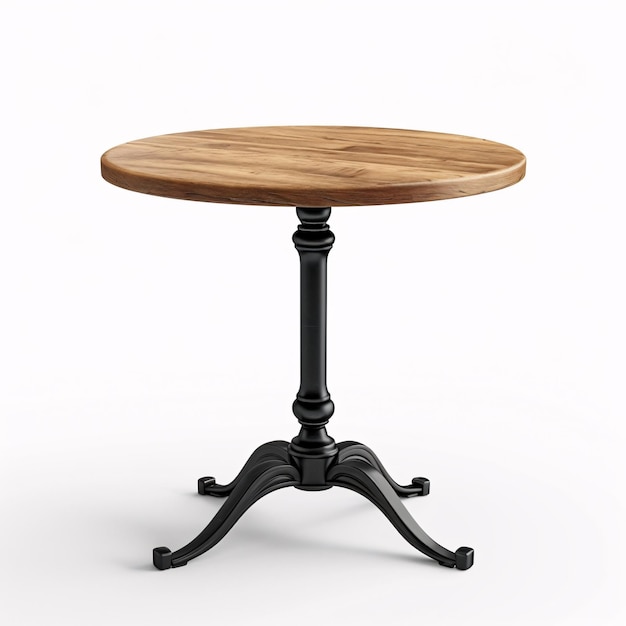 a round wooden table with a black metal base