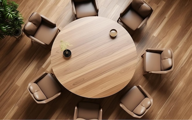 Photo a round wooden table with leather chairs on it and a glass of wine on the table.