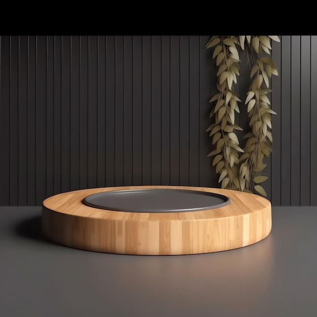 A round wooden table with a plant on it and a wooden circle with a light wood ring in the middle.