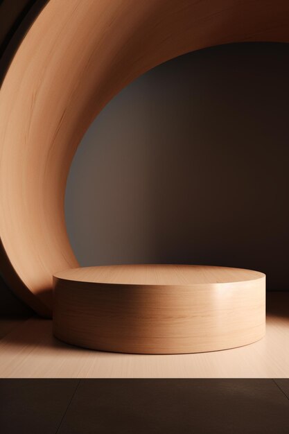 A round wooden table with a round base and a light on the wall.