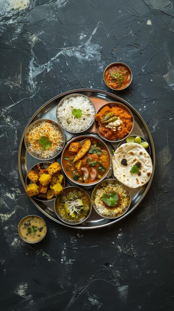 Photo a round wooden tray filled with a variety of colorful indian dishes the dishes are arranged in a circle in the center is a bowl of white rice surrounded by smaller bowls of curries and chutneys