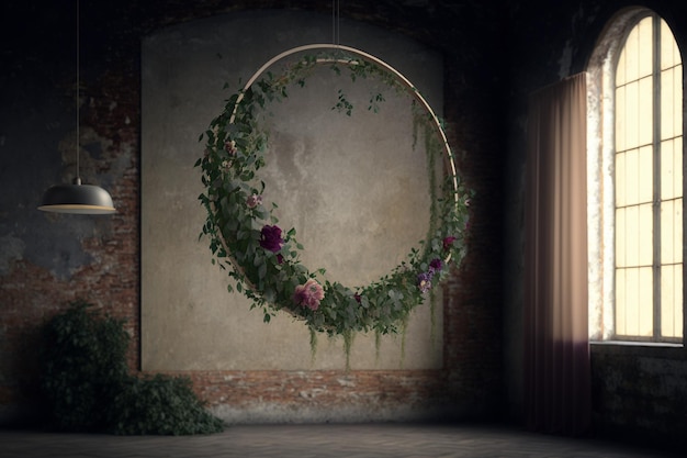 A round wreath hangs on a wall in a dark room.