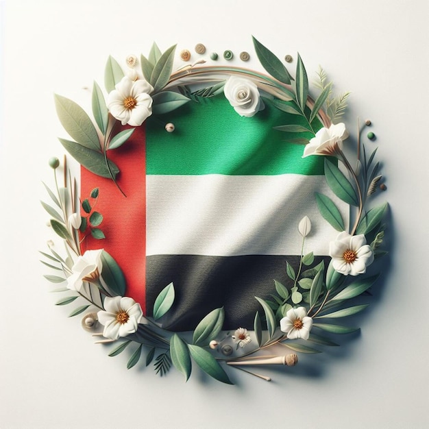 a round wreath with flowers and the flag of UAE on it