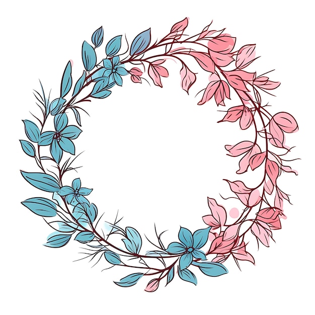 Photo a round wreath with pink and green leaves and a blue branch with pink flowers