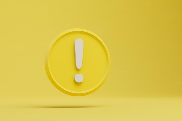 Photo a round yellow icon with a white exclamation mark on a yellow background 3d render