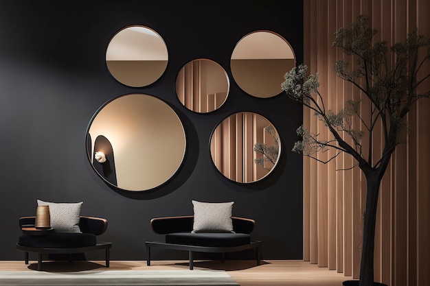 Rounded mirror hanging on a wall in a minimalistic interior design composition Generative AI