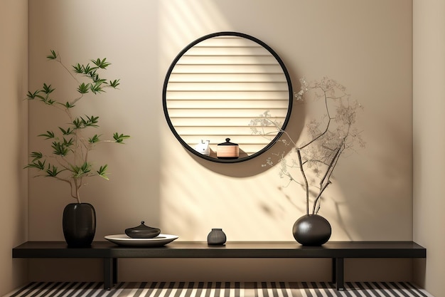 Округлое зеркало висит на стене в минималистичной композиции дизайна интерьера Generative AI