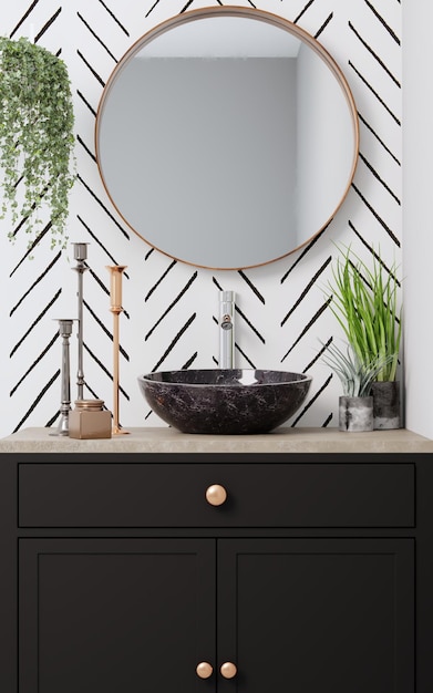 Rounded mirror above washbasin with white wall 3d rendering