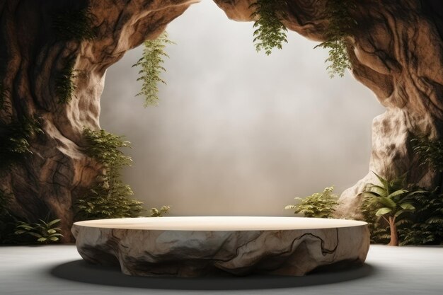 Rounded stone podium platform in the middle of a cave with plants around it