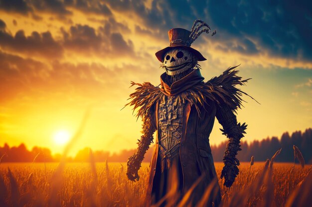 Roundheaded scarecrow with broad shoulders of dry grass stands on dawn field