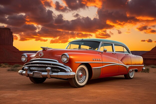 Route retro car parked under a fiery sky bit style