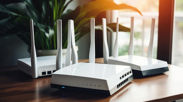 Foto un router con un'antenna bianca su un tavolo