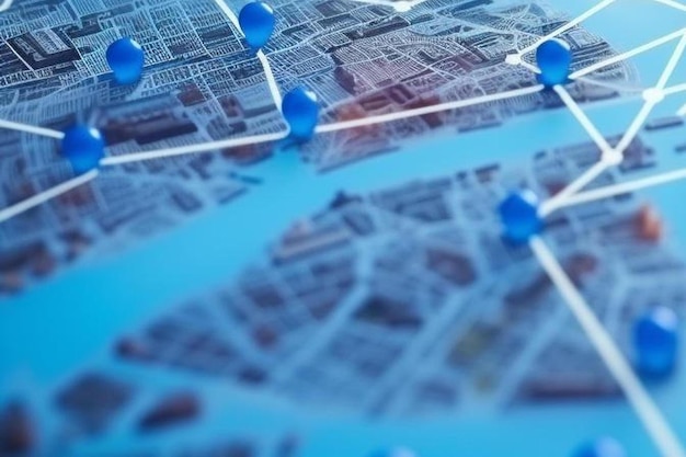 Foto percorsi con spilli blu su una mappa della città