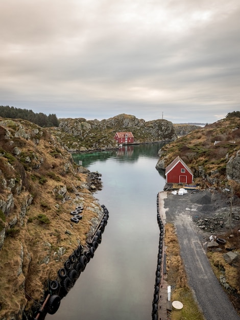 The Rovaer archipelago in Haugesund, in the norwegian west coast. The small canal between the two islands Rovaer and Urd, vertical image