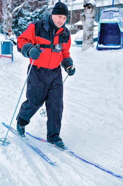 Rovaniemi, Finland - March 2, 2017: Man skiing in winter Rovaniemi, Lapland, Finland.