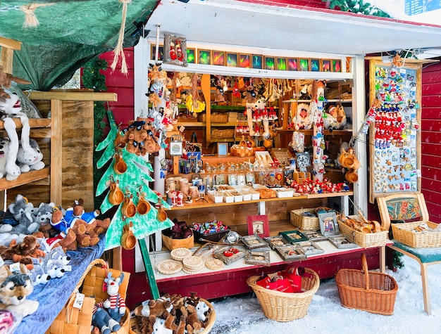 Rovaniemi, Finland - March 2, 2017:  Street Market stall with traditional souvenirs in winter Rovaniemi, in Lapland, in Finland.