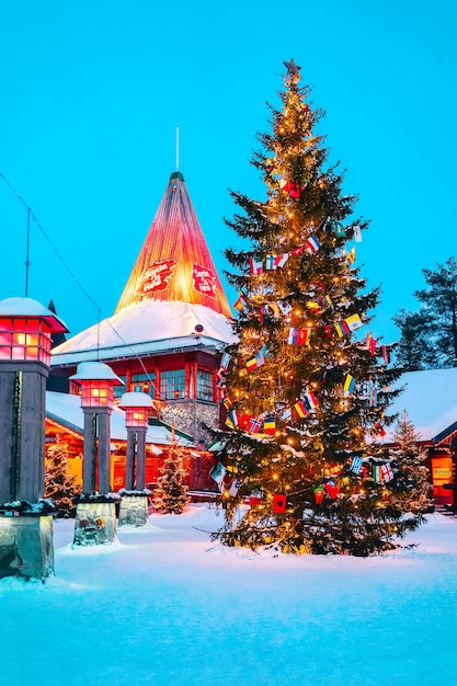 Rovaniemi, Finland - March 6, 2017: Arctic Circle street lamps at Santa Claus Village in Rovaniemi in Lapland in Finland.