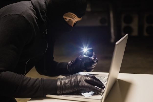 Rover die een laptop binnendringt terwijl hij licht maakt met zijn telefoon