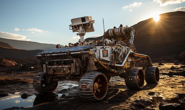 Photo rover in dirt on martian terrain