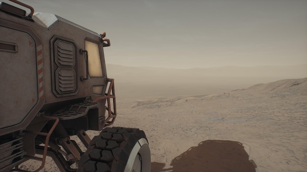 Rover verzamelaar van middelen op de planeet Mars Verovering van andere werelden Rover rijdt door een verlaten vallei van Mars 3d illustratie