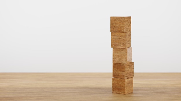 Foto fila di 5 blocchi di cubi di legno per mettere l'alfabeto su tavola di legno rendering 3d