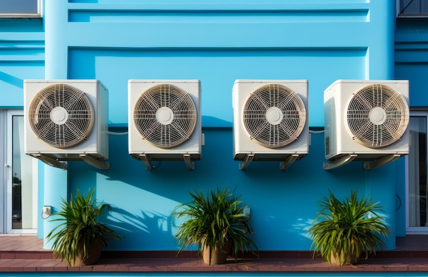 A row of air conditioners mounted to a blue wall