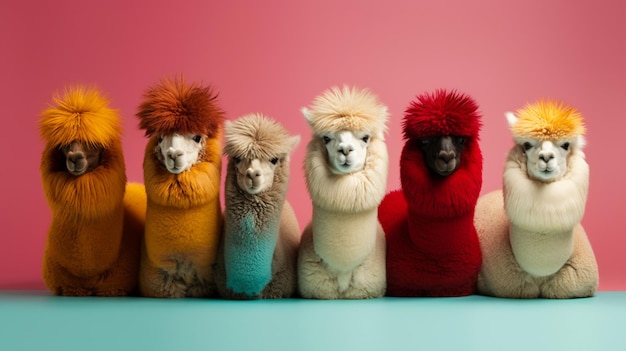 A row of alpacas with one of them wearing a red and yellow scarf.