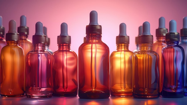 Row of Amber Glass Serum Bottles with Golden Droppers