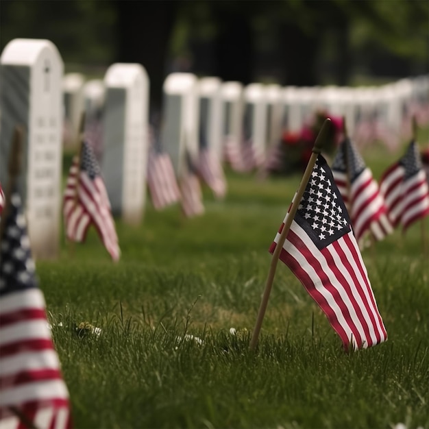 A row of american flags are in the grass veterans day