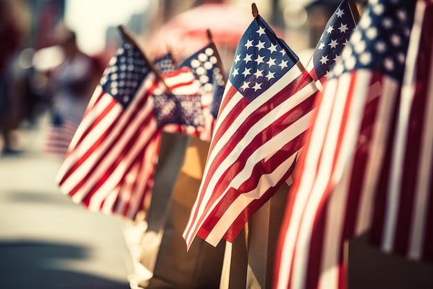 A row of american flags are lined up in a bag.