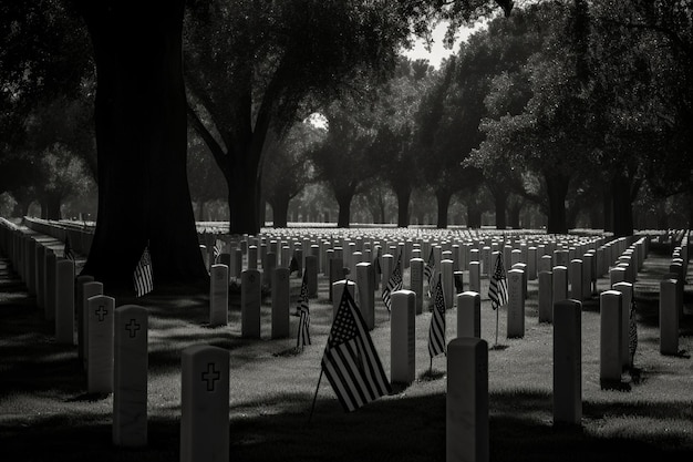 A row of american flags are lined up in a cemetery.