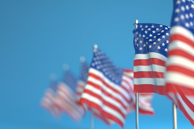 A row of American flags are lined up on a colorful background