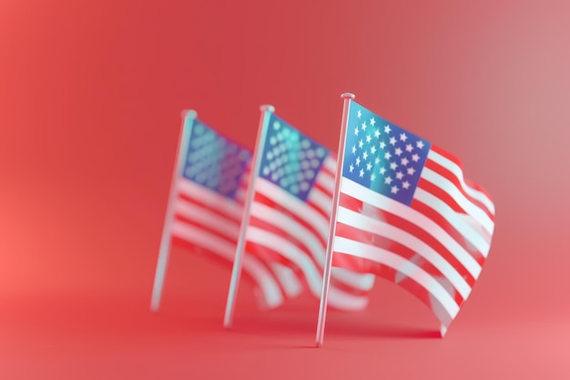 A row of American flags are lined up on a colorful background
