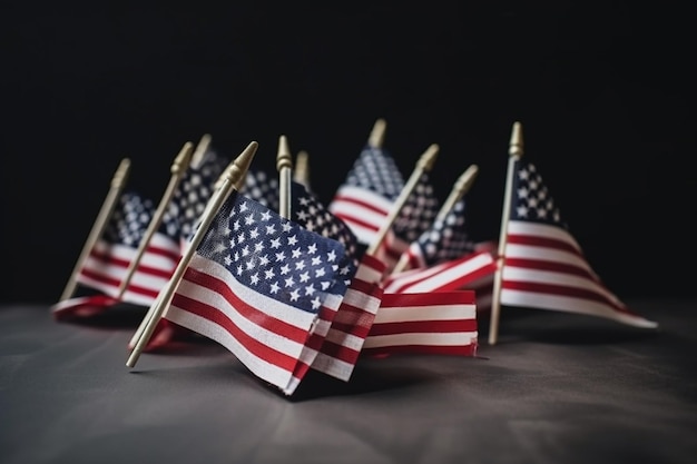 A row of american flags on a dark surface