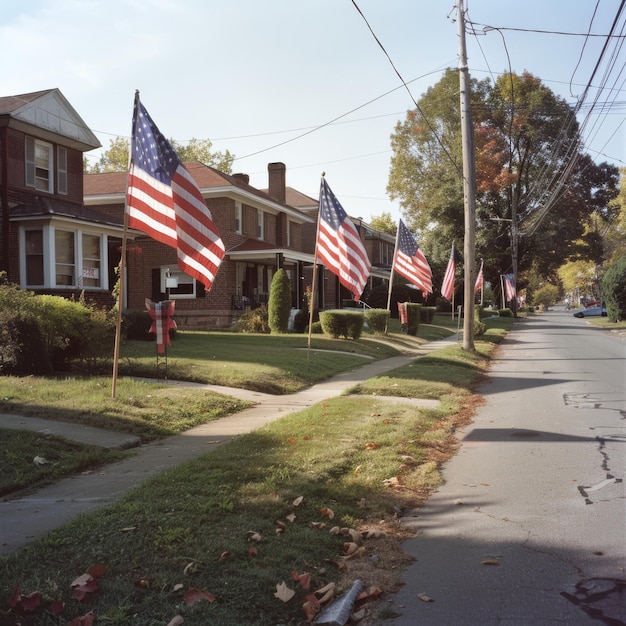 a row of american flags line a street in front of a house