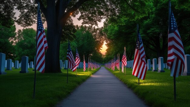 Row of American Flags on Memorial Day at night