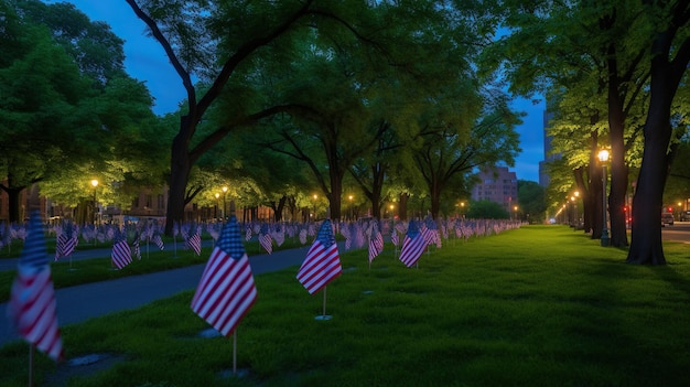 Row of American Flags on Memorial Day at night