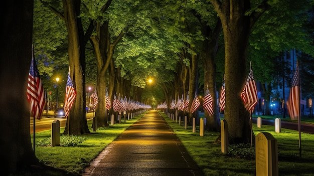 Row of American Flags on Memorial Day at night