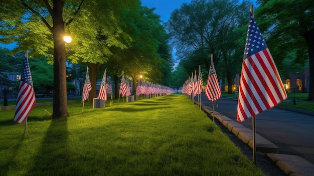 夜の戦没将兵追悼記念日にアメリカ国旗が並ぶ