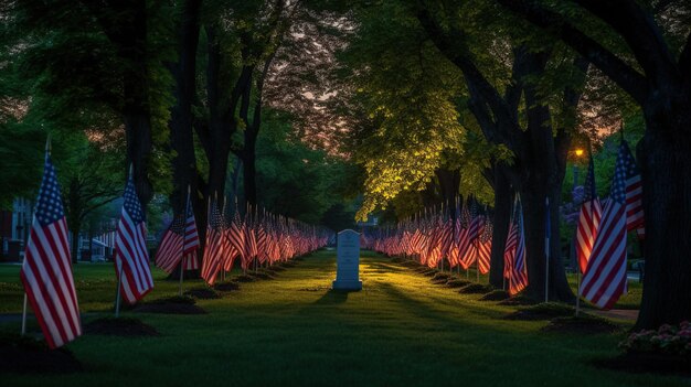 Row of American Flags on Memorial Day at night