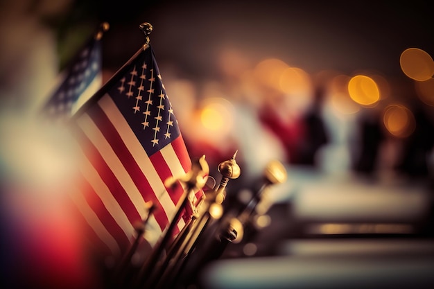 A row of american flags with the words " american " on the bottom right.