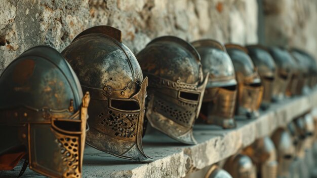 Photo row of antique medieval helmets displayed on a stone shelf a relic of historical armor