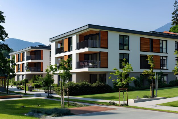 A row of apartment buildings with balconies and balconies on the balconies are lined up along the