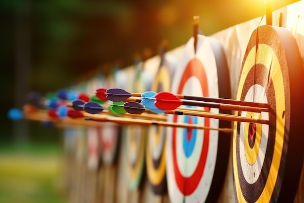 Photo row of archery targets with arrows in the bullseye colorful fletchings in focus